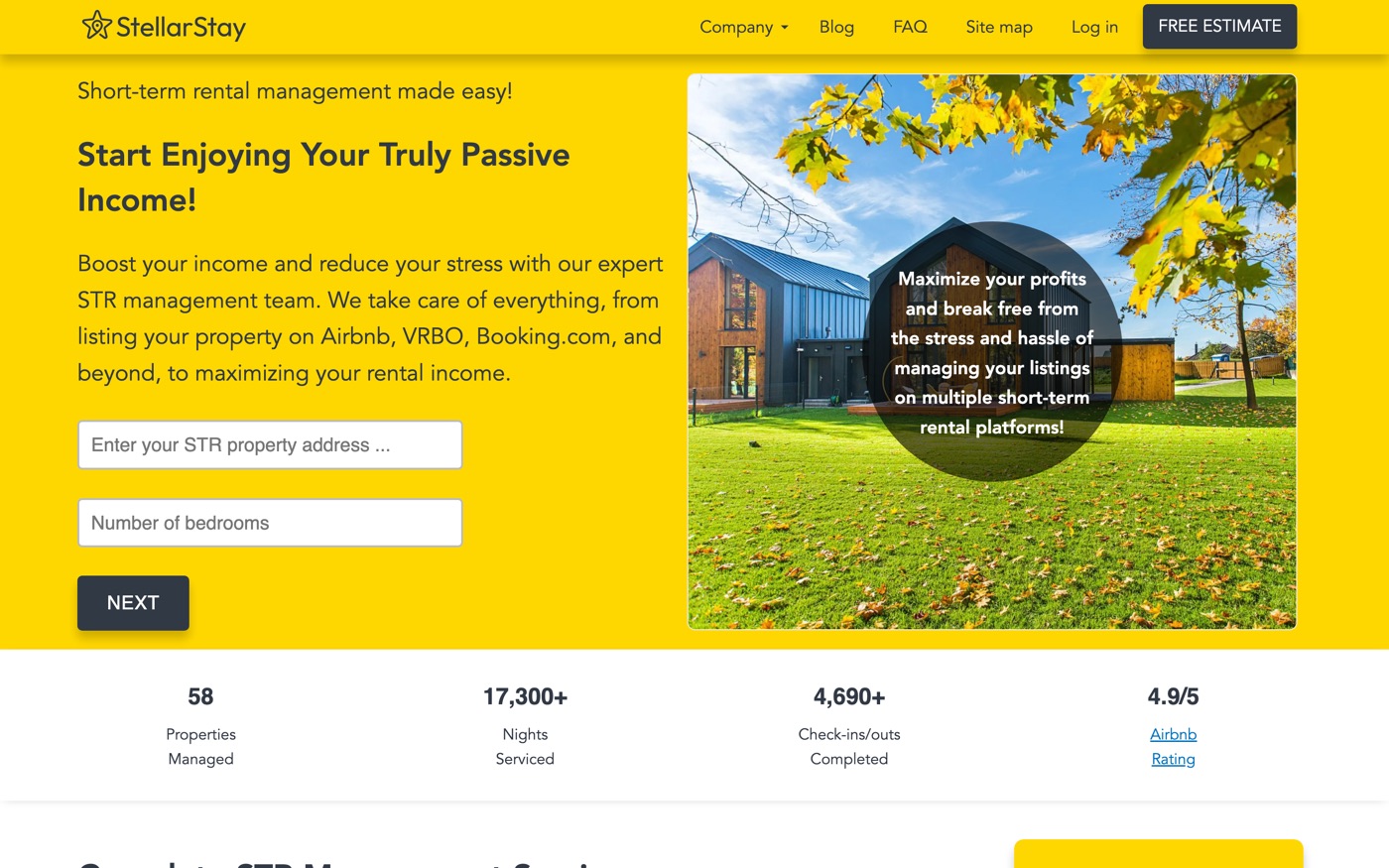 The StellarStay homepage — short-term rental management made easy
