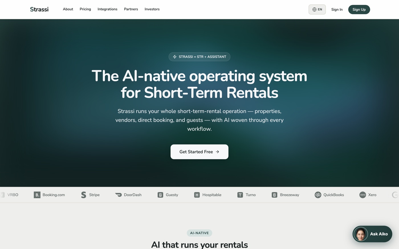 The Strassi homepage — an AI-native operating system for short-term rentals