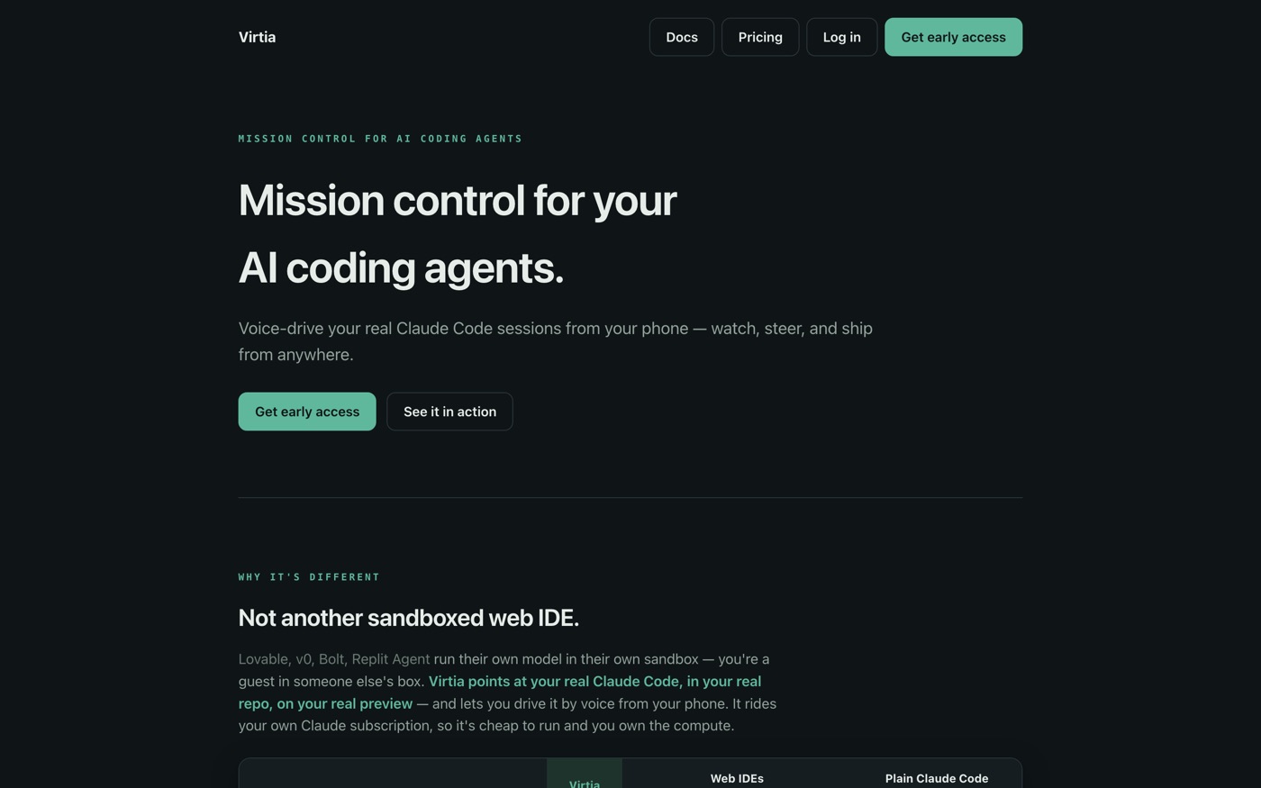 The Virtia homepage — mission control for AI coding agents